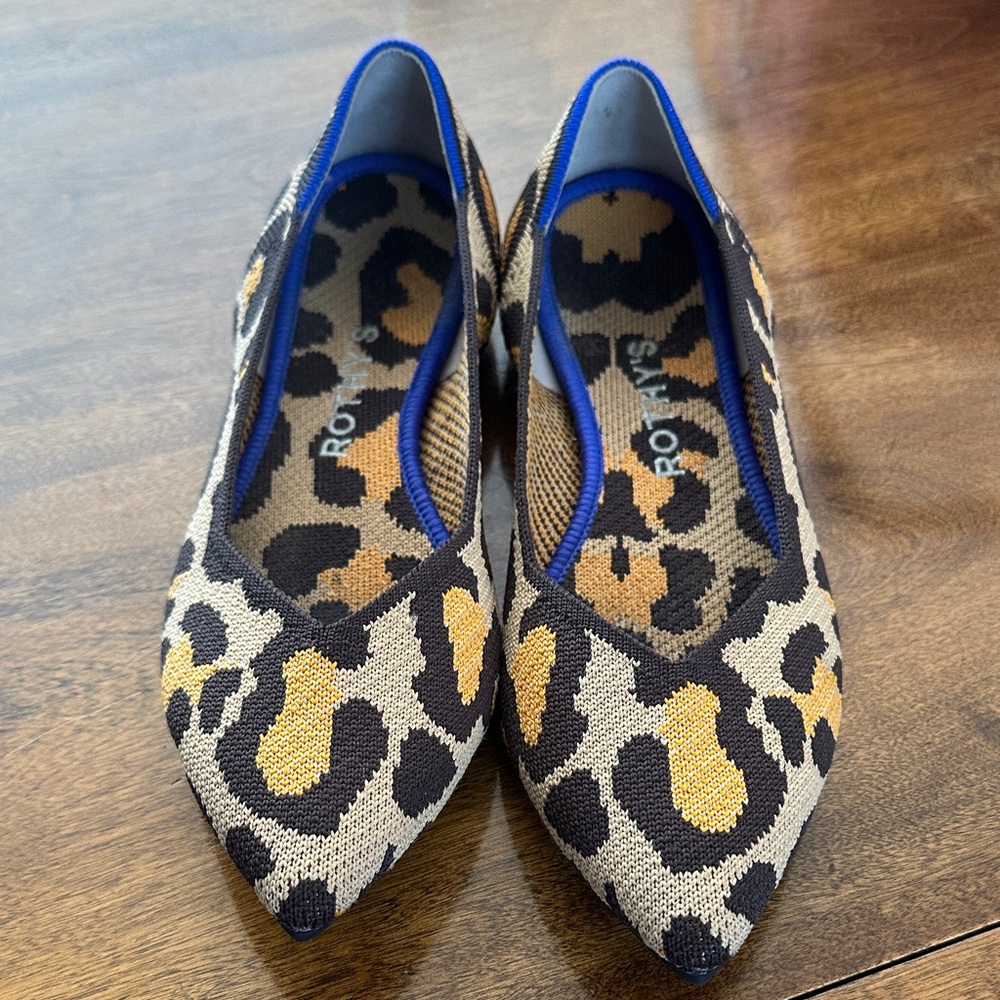 Rothy's Leopard Print “Desert Cat” The Point II Flats with Blue Accents